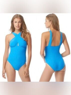 MICHAEL Michael Kors High Neck Shirred Cross Front One Piece Swimsuit